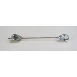 An Aqua Marine Jabot Pin in a precious white metal setting, c. 11.9x7.8mm stone, 3.24g