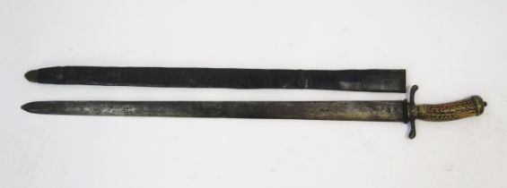 A 19th century continental hunting sword, with 64cm double edged blade, with brass cross guard,