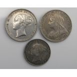 Higher grade 1843 shilling (scarce date) with 1896 shilling and higher grade 1866 sixpence