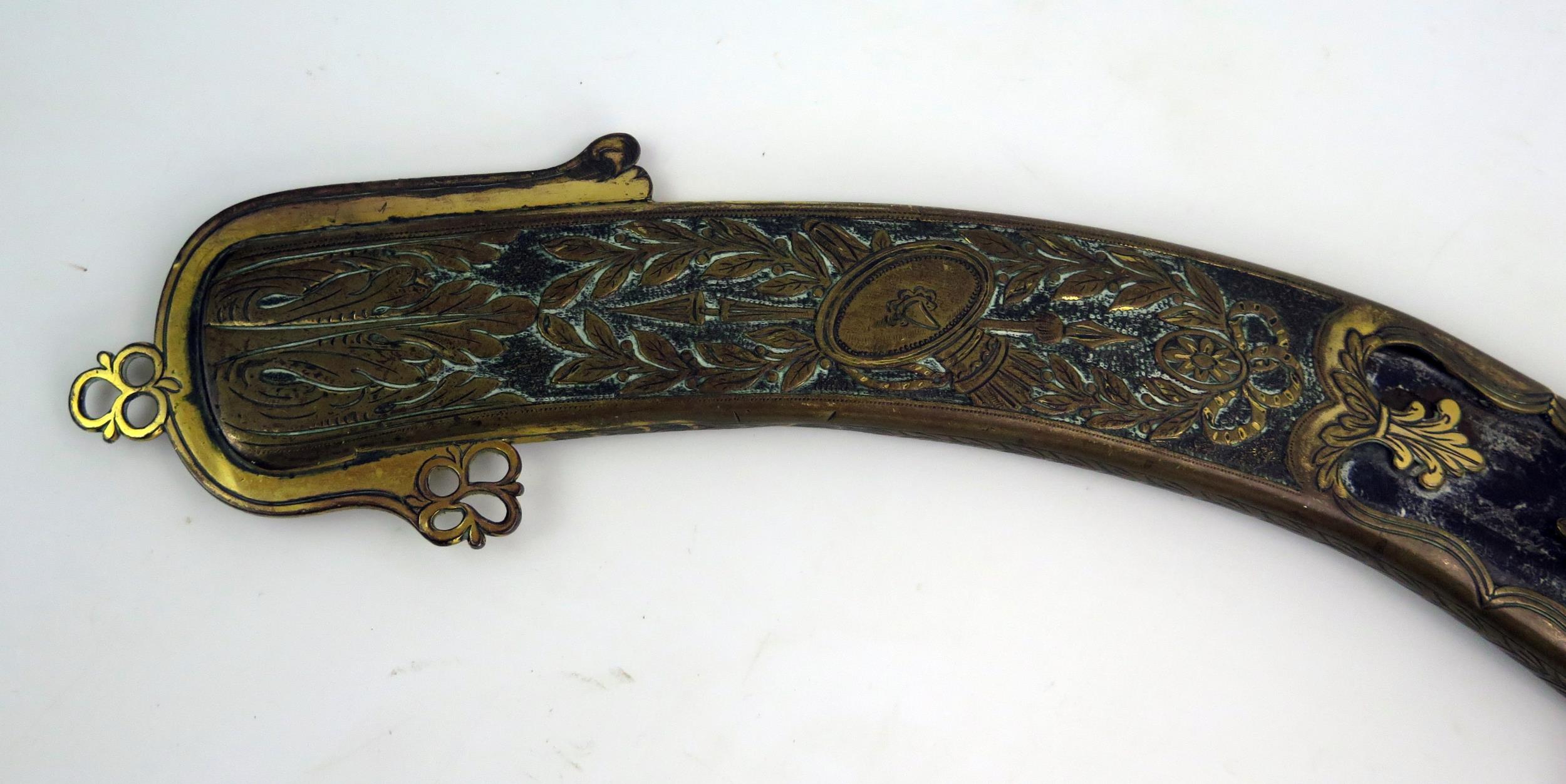 An early 19th century continental cutlass, with 44cm curved and etched blade, with gilt brass - Image 4 of 15