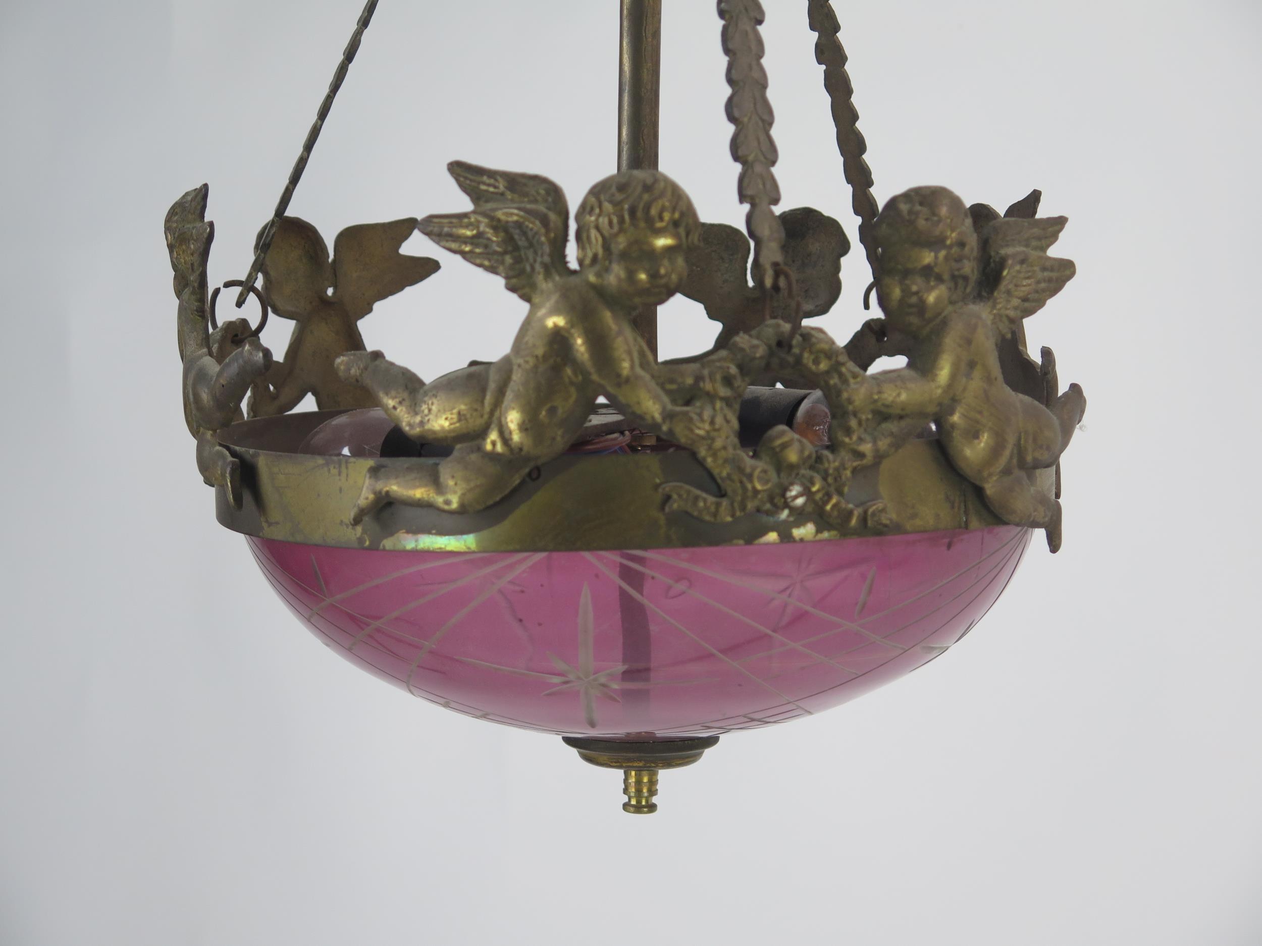 A Victorian purple glass and gilt metal mounted ceiling fitting, with pierced ceiling roe and - Image 3 of 6