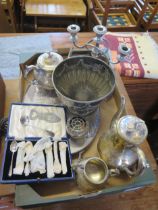 A collection of silver plated wares, includes rose bowl, serving tray, four-piece tea and coffee