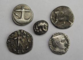 3 Greek coins including drachm showing anchor silver diobol with fore part of boar and dover plus