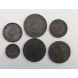 Irish 1689 Gun Money Half Crown with 1805 penny, 1805 and 1822 halfpenny, 1806 Farthing, 1786 Isle