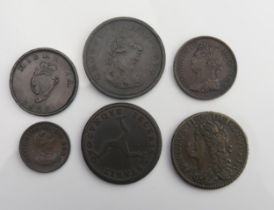 Irish 1689 Gun Money Half Crown with 1805 penny, 1805 and 1822 halfpenny, 1806 Farthing, 1786 Isle