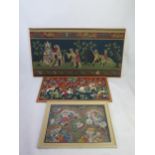 A woolwork picture of a medieval hunting scene, 52cm x 103cm, together with two other woolwork