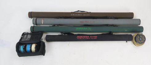 Four 9' 6'' carbon fibre trout rods, by Airflow and Scierra, together with two centre pin reels