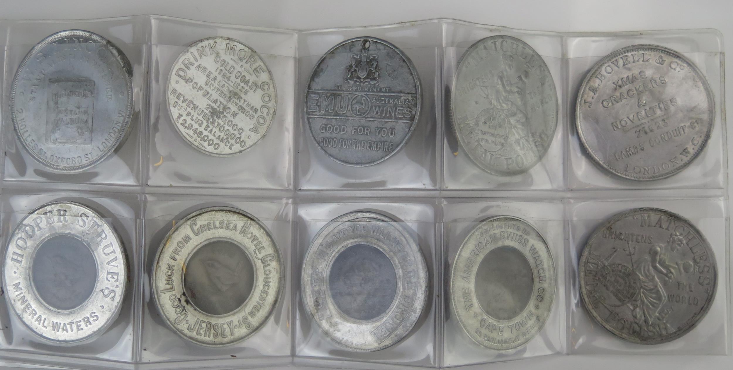 10 x aluminium advertising tokens including W. S. Lincoln stamp album publisher, J. A. Hovel ( - Image 2 of 2