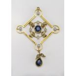 A 15ct Gold, Sapphire and Seed Peal Pendant, 42.6mm drop, stamped 15CT, 2.83g