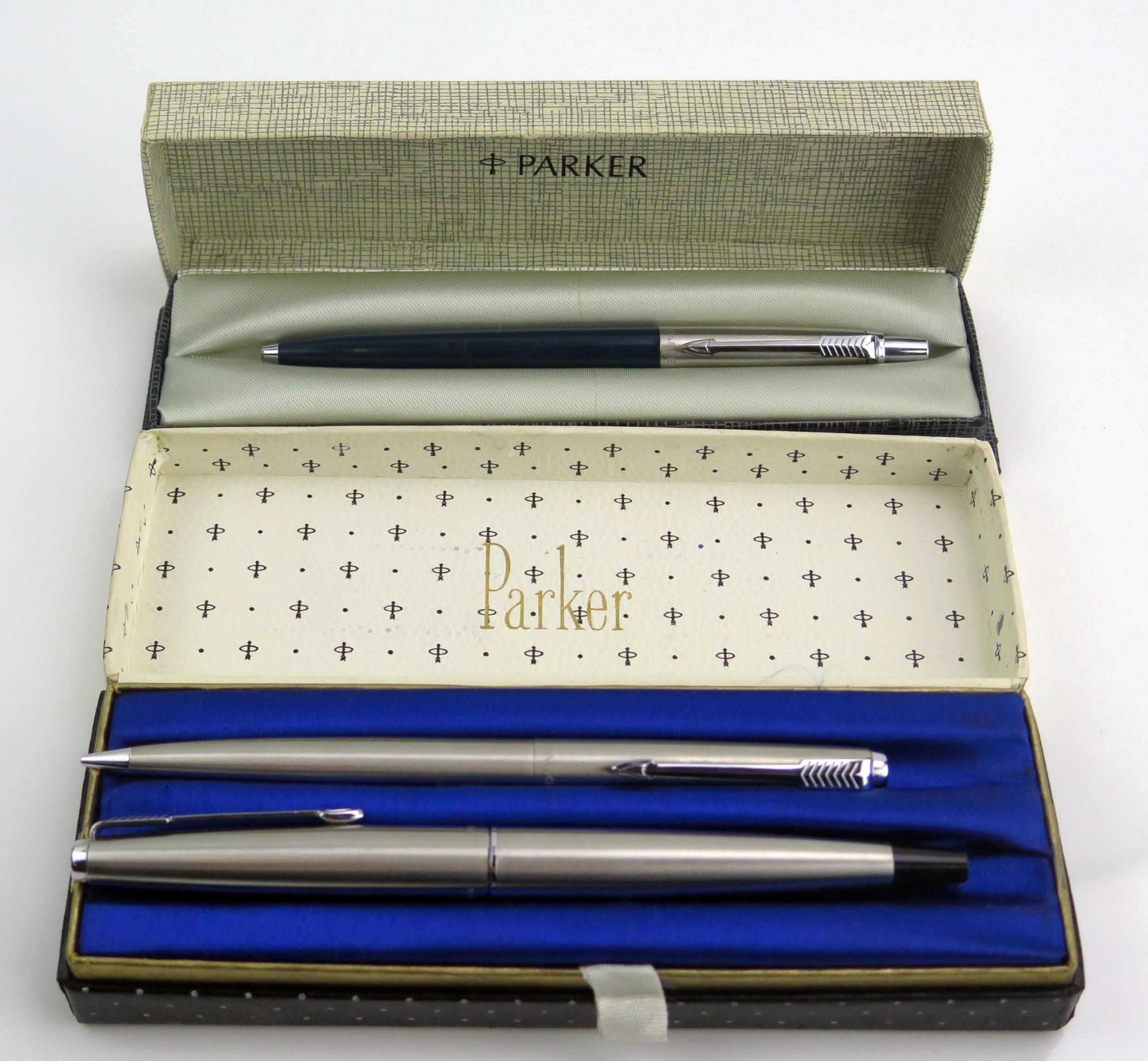 A Parker 45 Fountain Pen Boxed Set with propelling pencil and a boxed Parker ballpoint