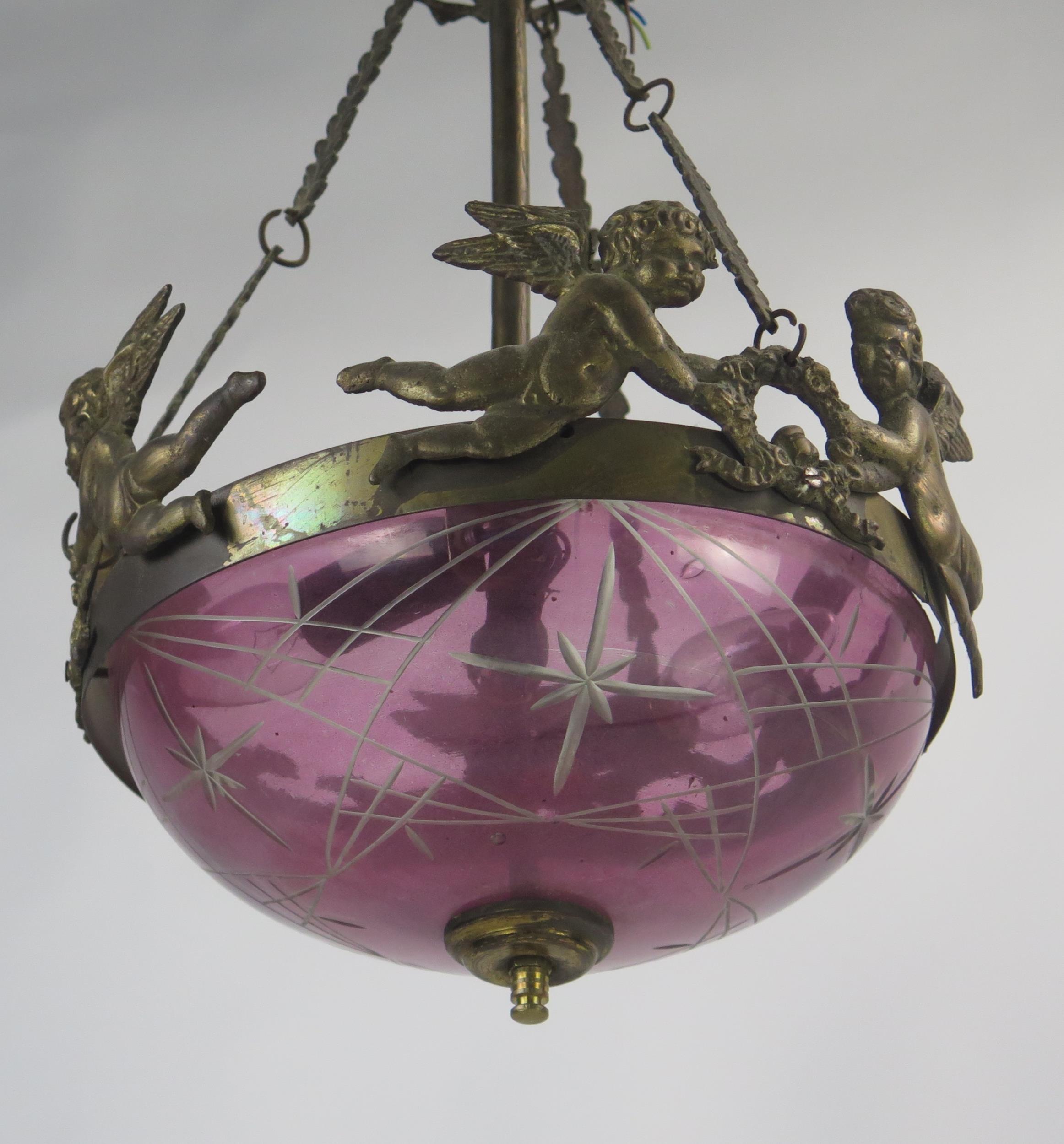 A Victorian purple glass and gilt metal mounted ceiling fitting, with pierced ceiling roe and - Image 5 of 6