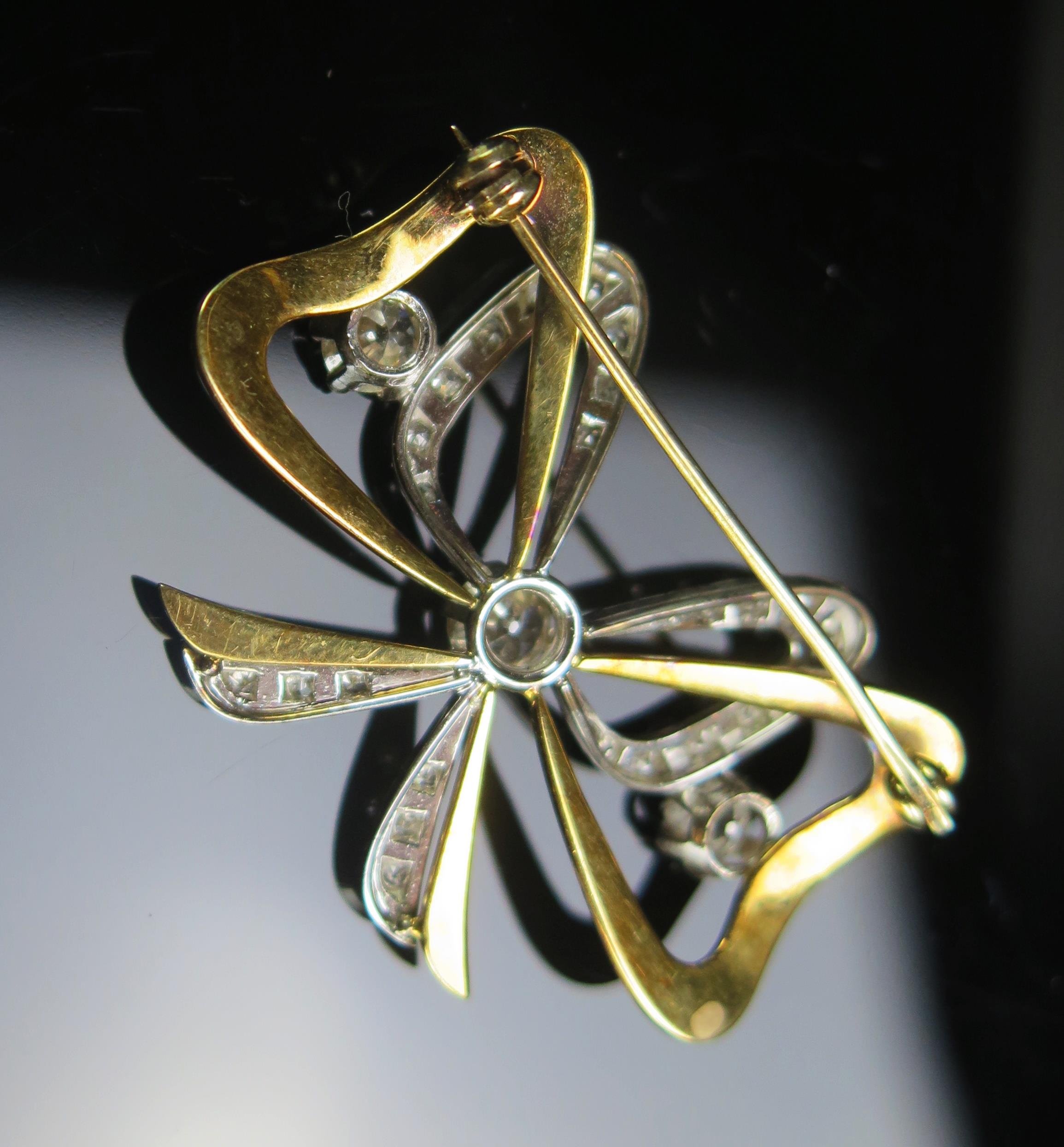 An Old Cut Diamond Bow Brooch in a precious yellow and white metal setting, c, 5mm principal - Image 2 of 2