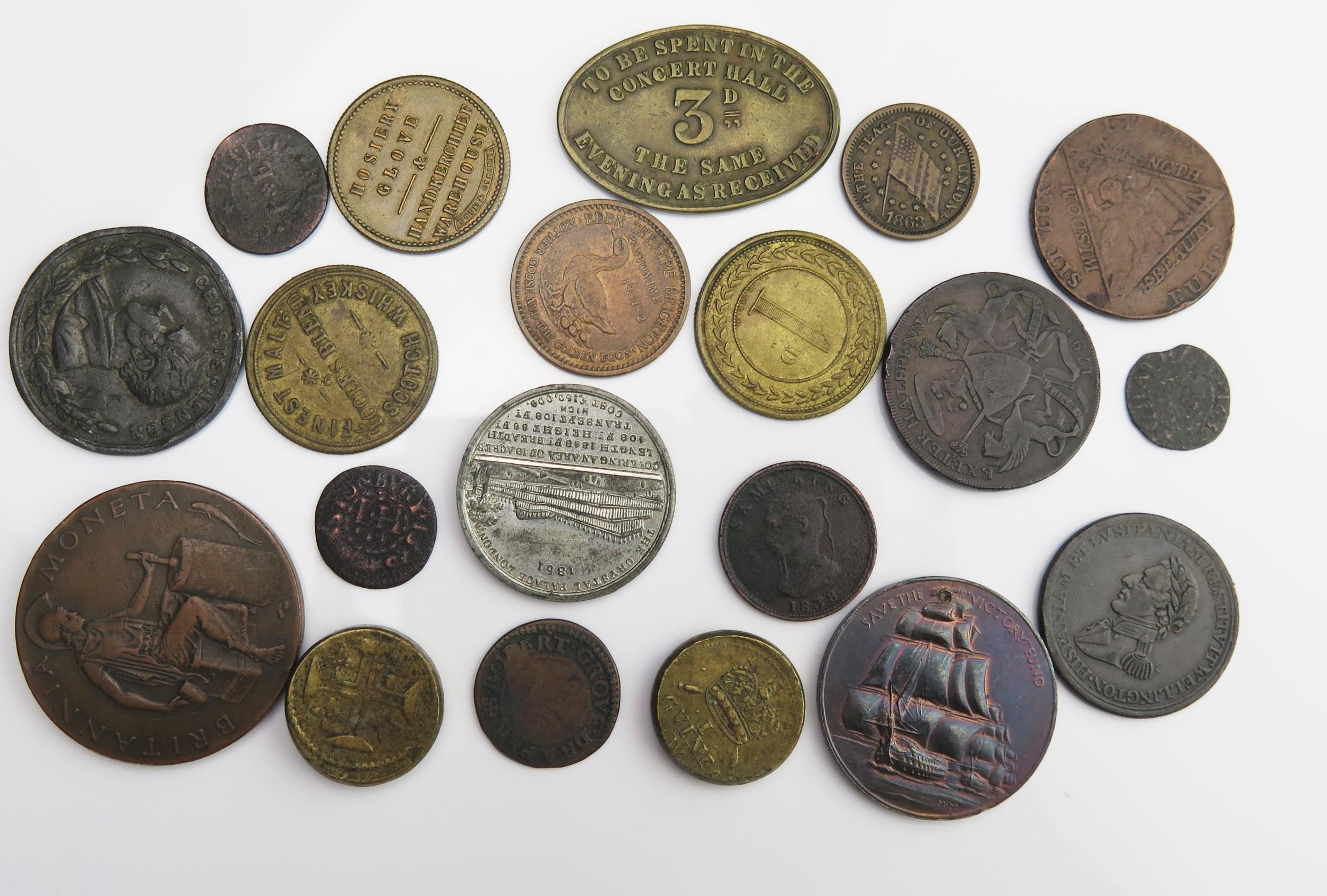 George Stephenson 'Rocket' medallion, William III and Portuguese coin weight, Portsmouth Music - Image 2 of 2