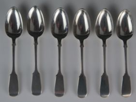 A set of six Victorian provincial Fiddle pattern teaspoons, maker John Stone, Exeter, 1858, 90gms,