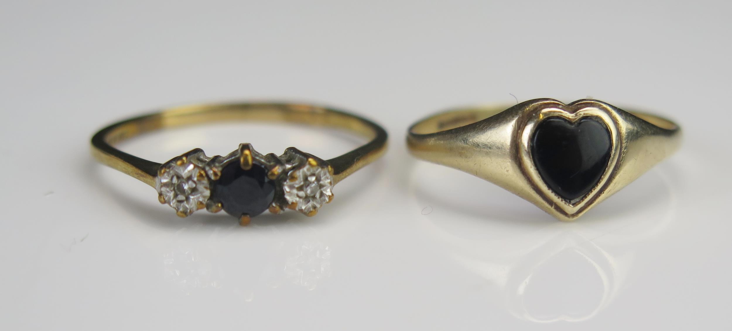 A 9ct Gold, Sapphire and Diamond Three Stone Ring (size S, hallmarked) and a 9ct gold and enamel