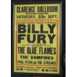 An advertising poster for a Billy Fury Concert, on Saturday 23rd September at the Clarence