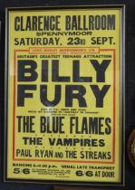 An advertising poster for a Billy Fury Concert, on Saturday 23rd September at the Clarence