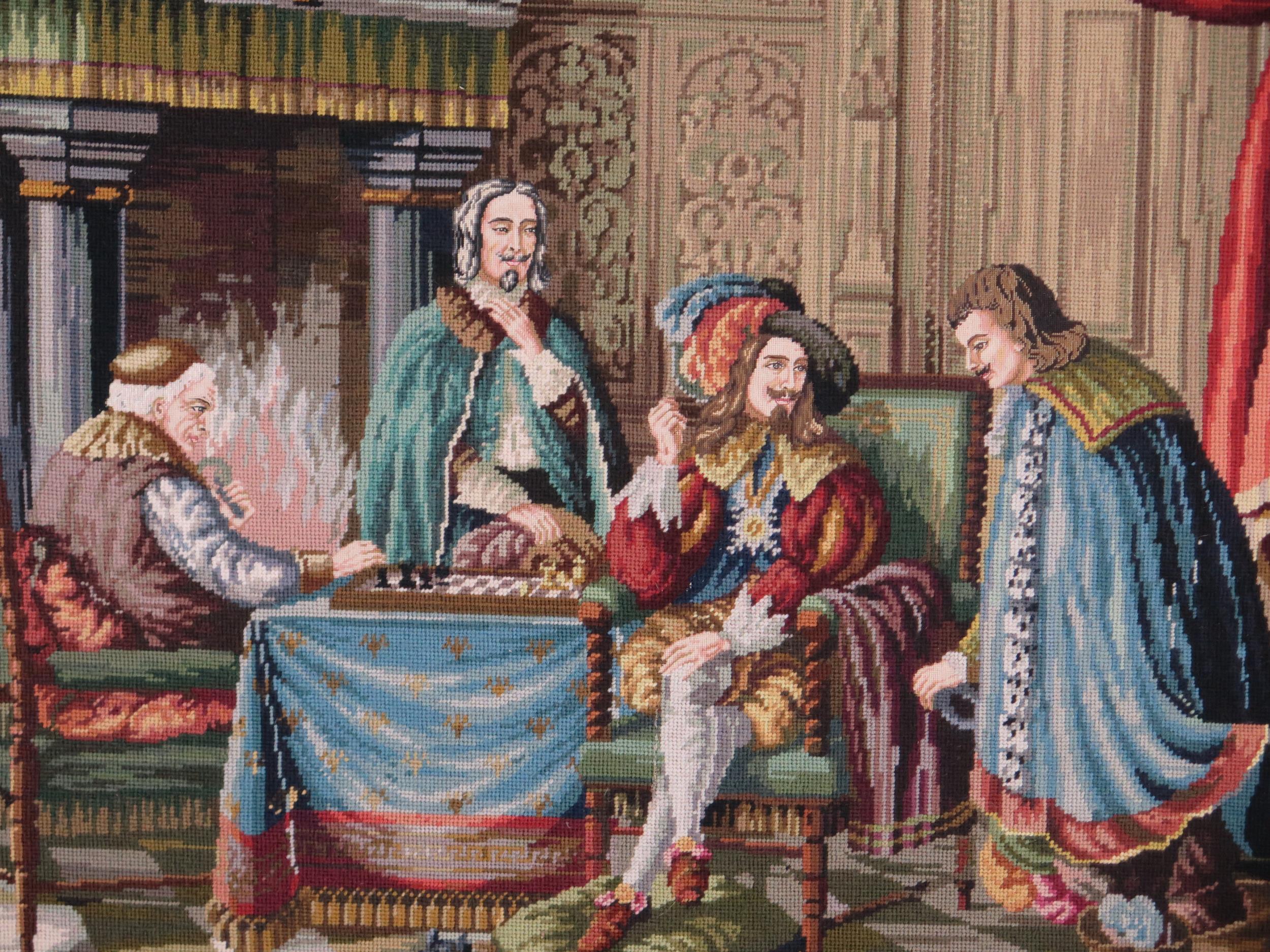 A large gros-point needlework tapestry, depicting figures playing chess in the French Royal court, - Image 2 of 3