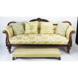 A Victorian Carved Mahogany Upholstered Three Sear Settee, 208cm with footstool