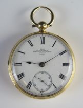 A Dent 18ct Gold Cased Open Dial Keywound Pocket Watch, 44.75mm case, chain driven fusee verge