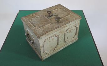 A late Victorian metal strong box, of rectangular outline with hinged lid and loop carrying