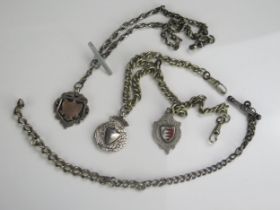 Three Silver Fob Medallions, hallmarked chain and two white metal Alberts