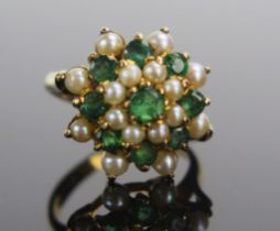 A Modern 9ct Gold, Green Stone and Cultured Pearl Cluster Ring, 16.4mm head, size K.5, hallmarked,