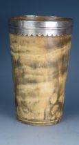 An early 19th horn and white metal mounted beaker, unmarked, of tapering cylindrical form, 14.5cm