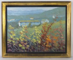 Alan Cotton (b.1936), 'Piemonte _ Farm Buildings through Autumn Vines, labelled verso, 71x56cm,