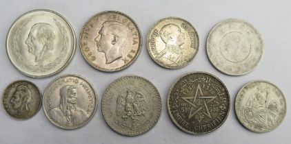 Thailand Silver Baht, Yun Nan 1/2 dollar, Moroccan 500 Francs, 1952 Mexican 5 Pesos, Peru 1907 1/2