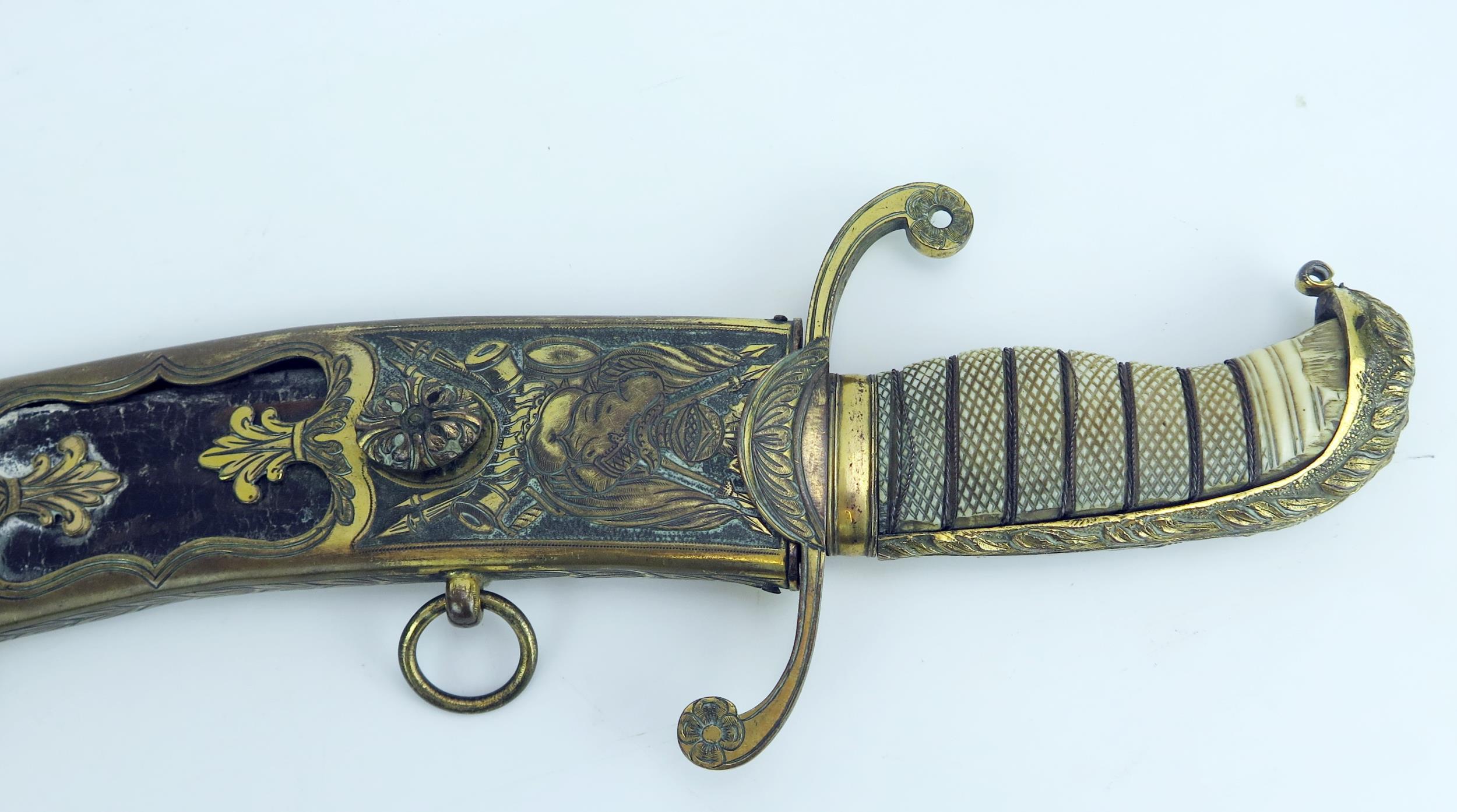 An early 19th century continental cutlass, with 44cm curved and etched blade, with gilt brass - Image 2 of 15