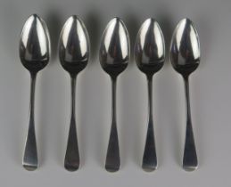 A set of five George II Old English pattern dessert spoons, maker Paul Crispin, London, 1743,