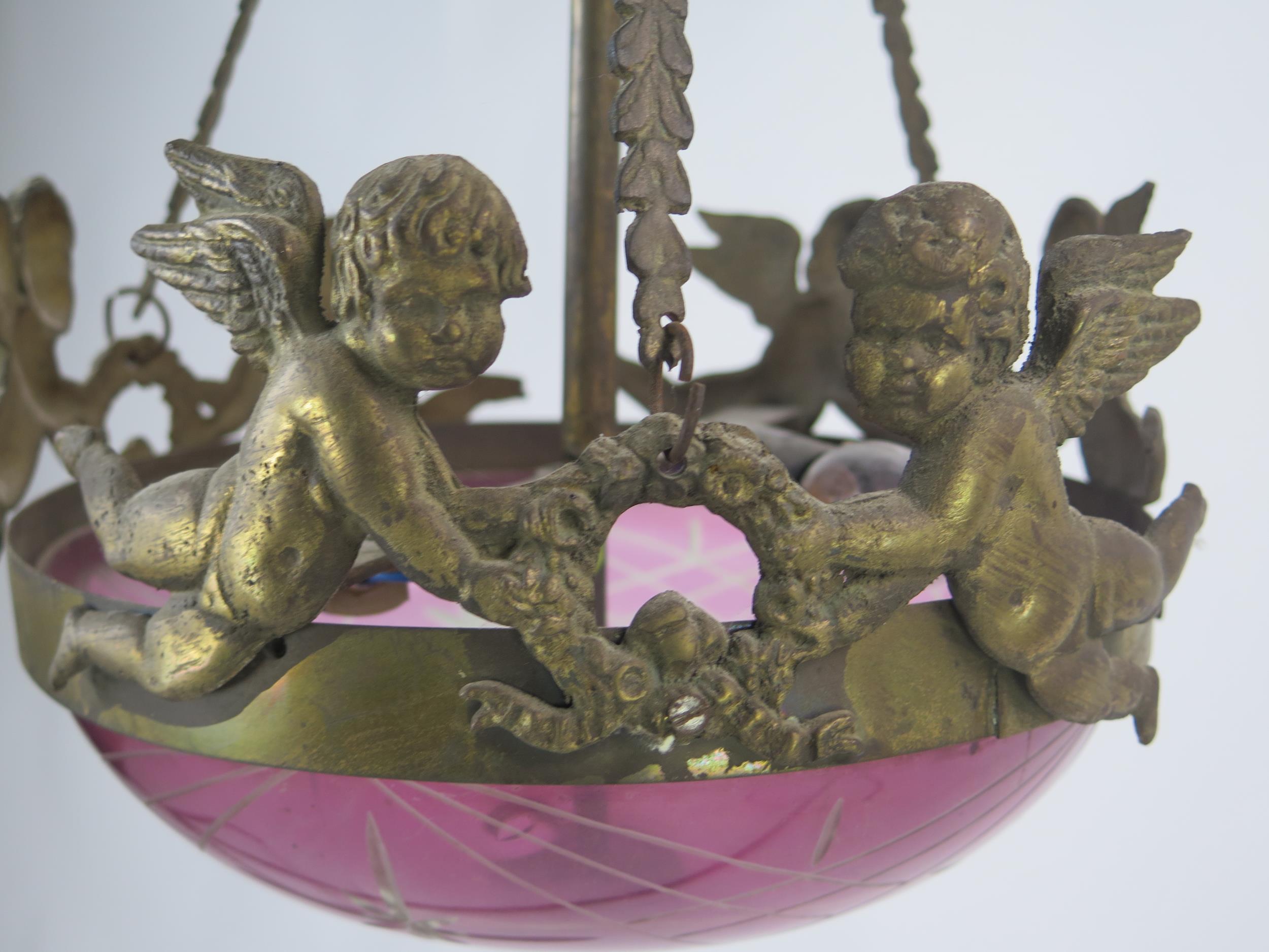 A Victorian purple glass and gilt metal mounted ceiling fitting, with pierced ceiling roe and - Image 4 of 6