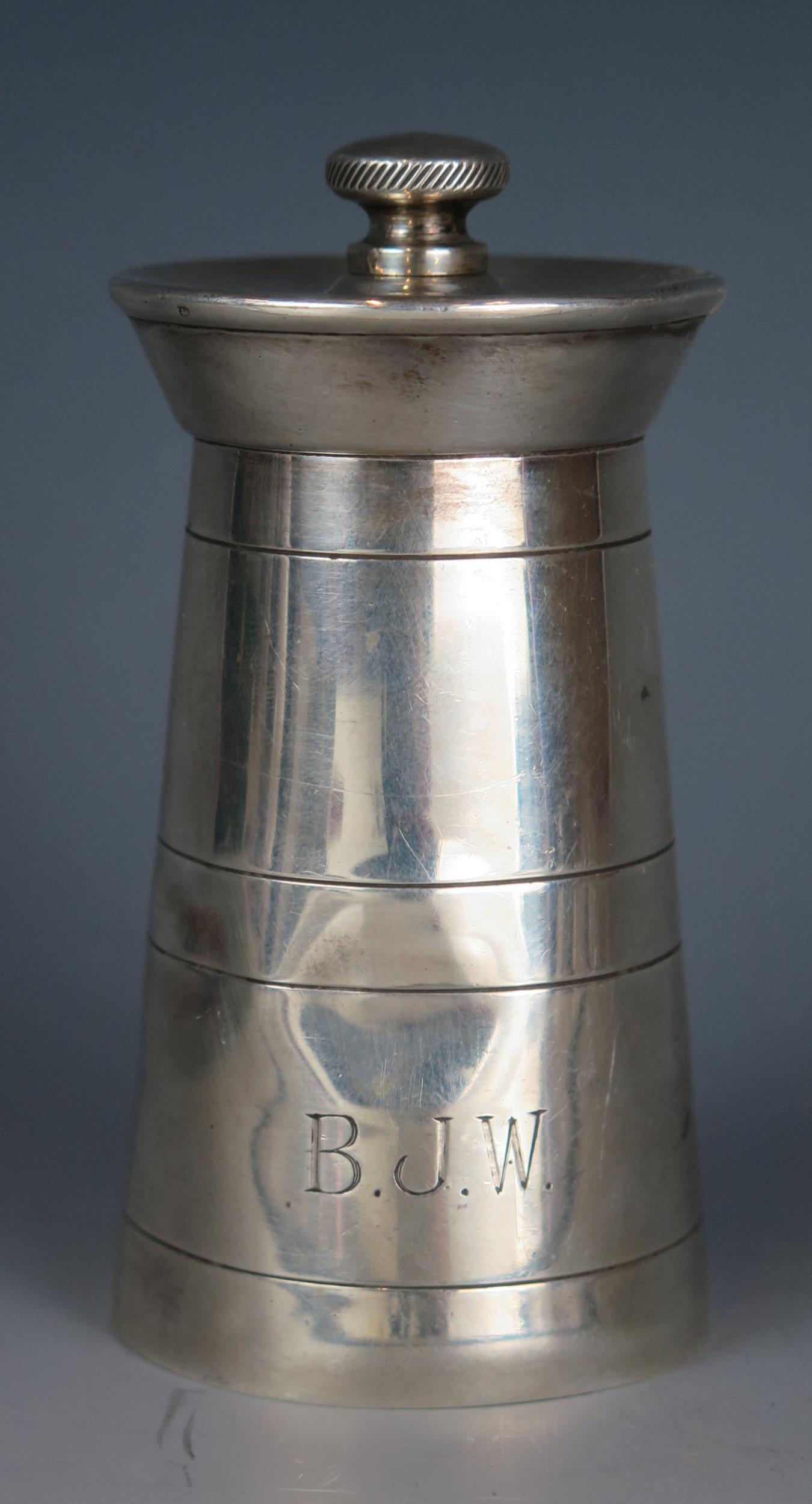 An Elizabeth II silver pepper mill, maker J B Chatterley & Sons Ltd, Birmingham, 1971, in the form