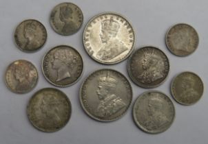 Indian 1/2 Rupee 1919 / 36, 1/4 Rupee 1840 / 62-1916. 1917 with 2 Annas x 5