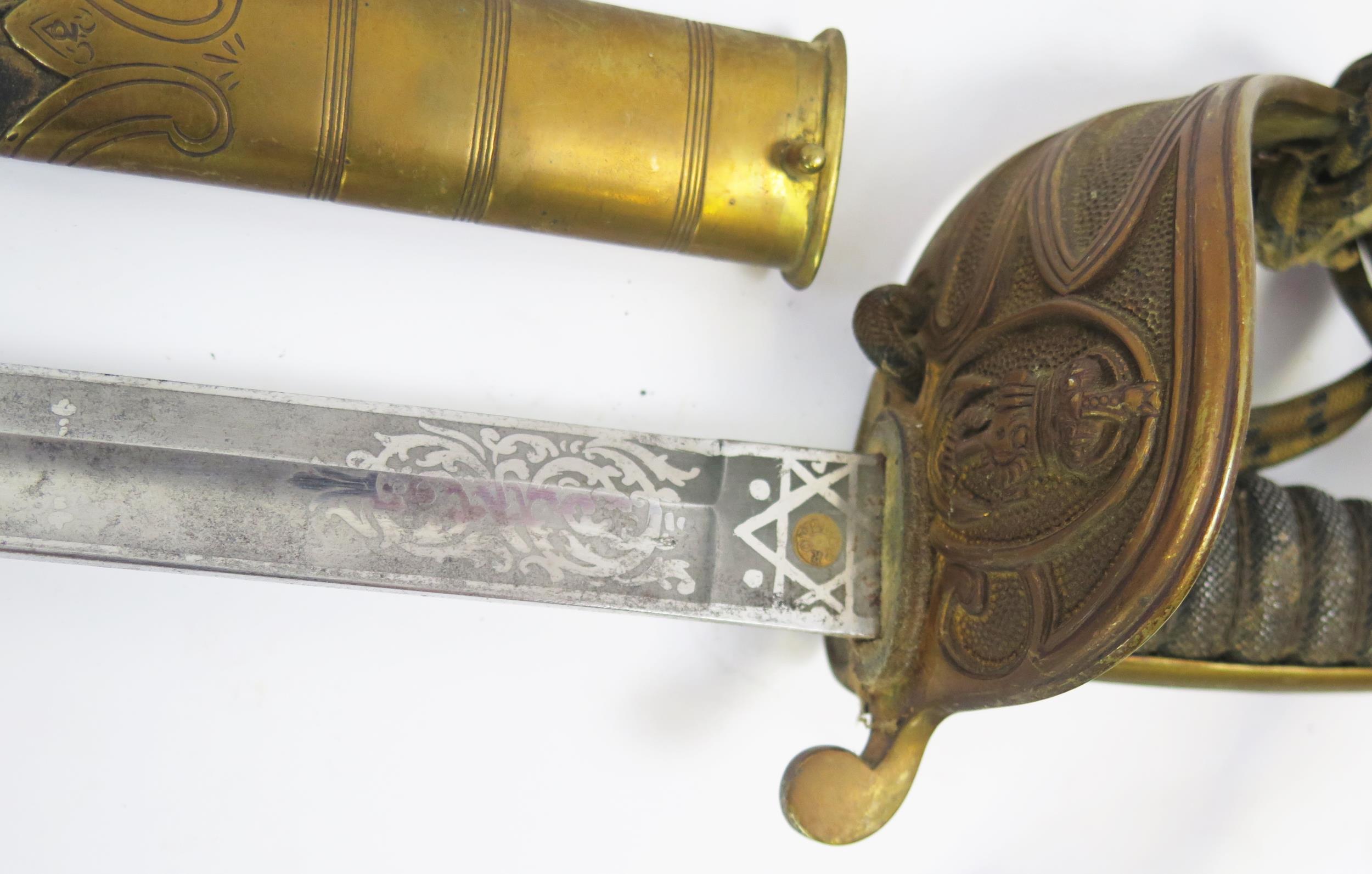 A George V naval officers sword, with 79cm etched and fullered blade, with Royal Cypher and fouled - Image 2 of 5