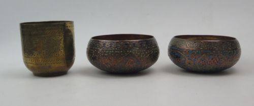 A Pair of 19th Century Kashmir Enamel on Copper Bowls, c. 12cm diam. and one other