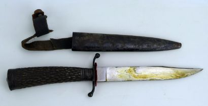 A continental hunting knife, with 16cm single edged blade with turn-down cross guard, with antler