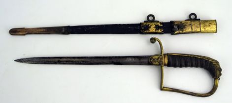 A 19th century naval officers dirk, with 25cm, single edged fullered blade, gilt brass knuckle guard