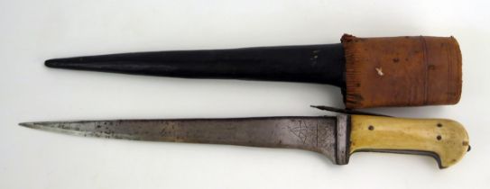 A 19th century Indo-Persian Pesh-Kabz dagger, with 30.5cm T-shaped single edged blade, with bone