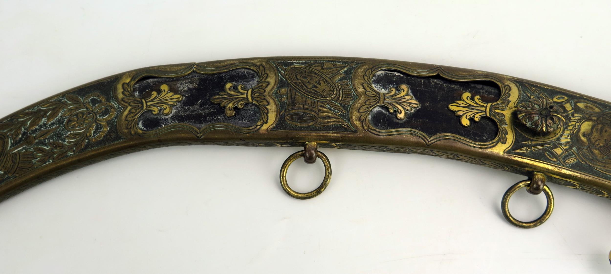 An early 19th century continental cutlass, with 44cm curved and etched blade, with gilt brass - Image 3 of 15