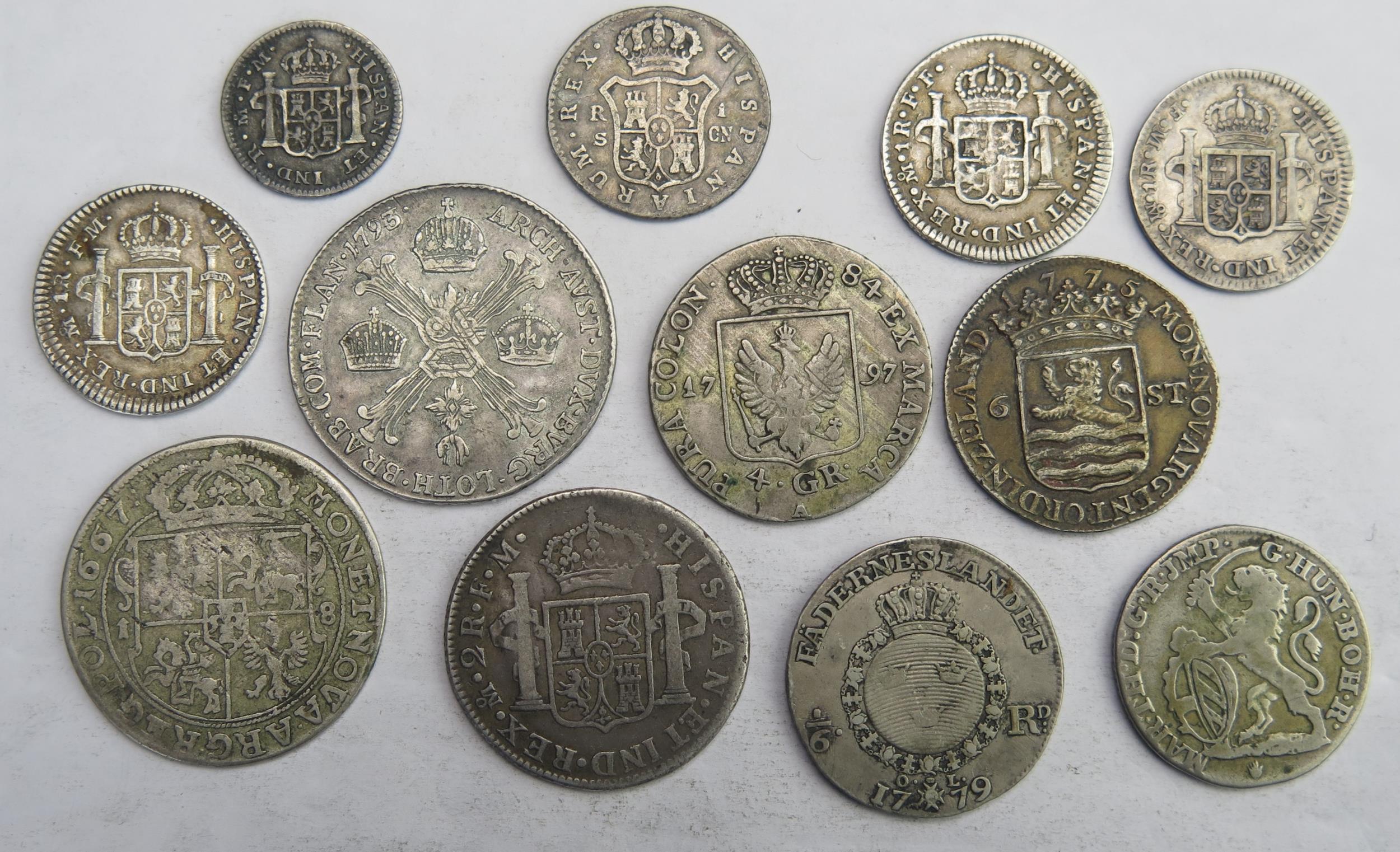 Austrian 1793 1/2 Thaler with 1775 Spanish 2 Reales with 1773 / 81 / 87 / 93 1 Reales, 1775 6 - Image 2 of 2