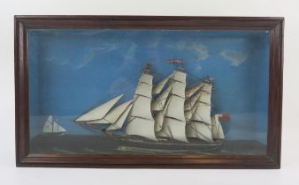 A half hull ships model of the three masted "Sailors Bride", in full sale with painted background,