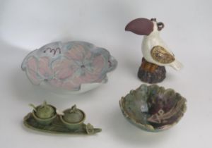 A David Walters Particular Pottery Porcelain Bowl (27cm), stoneware humorous bird ornament (20cm),