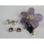 A Pair of Morganite, Silver and Rose Gold Plated Stud Earrings, a pair of silver and cultured