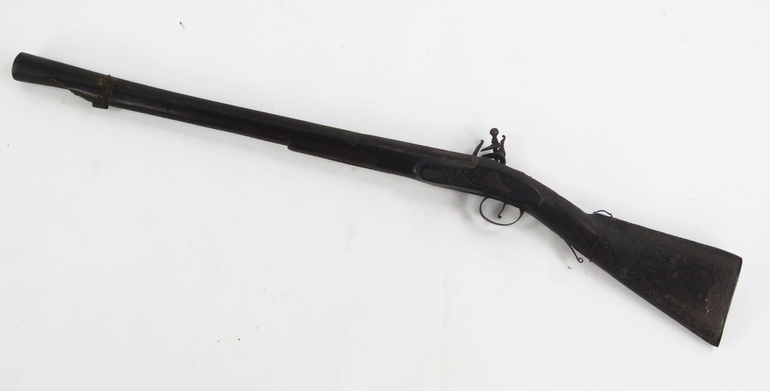 An 18th century flintlock blunderbuss, with 54cm fully stocked flared steel barrel, with foliate - Image 6 of 8