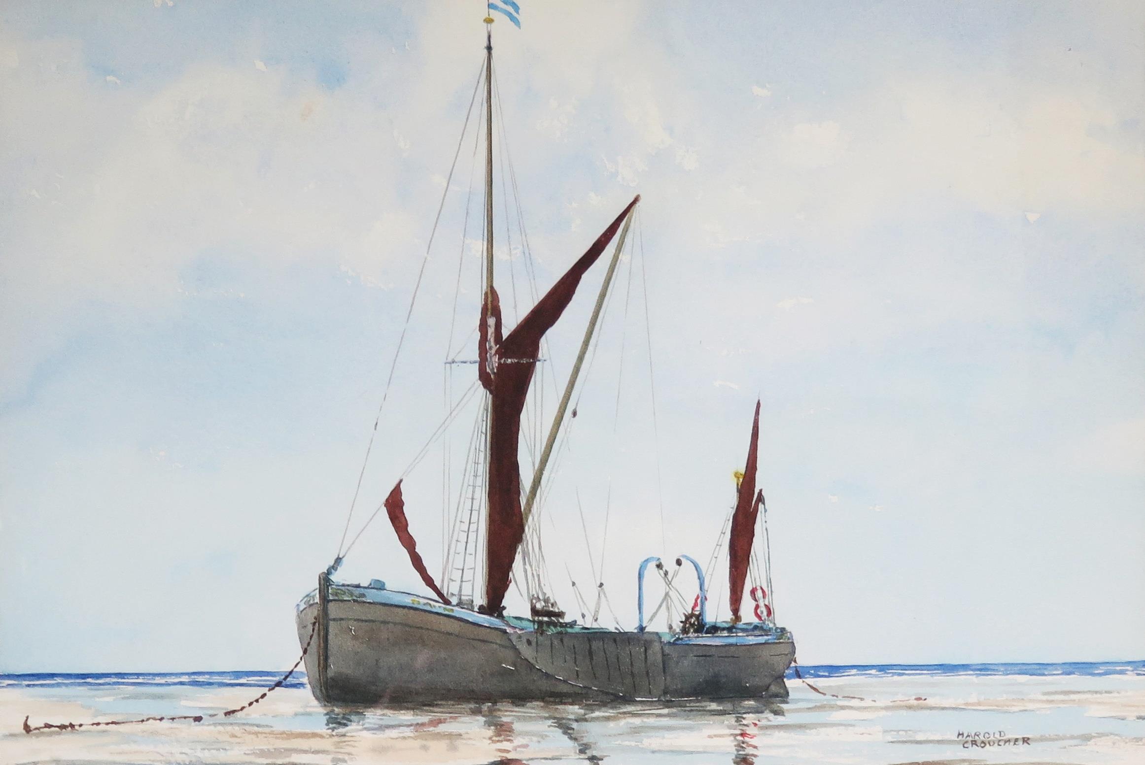 Harold Croucher (British, 20th century), Beached Thames Barge, watercolour, signed lower right, 36 x