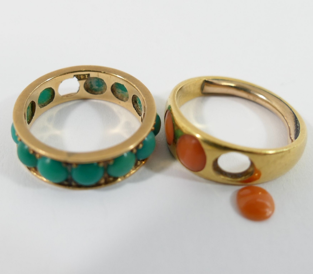 A yellow metal eternity ring set with circular turquoise cabochons, one lacking, stamped '14K', 3.1g - Image 3 of 3