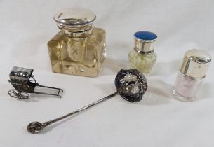 Two small glass toiletry jars with silver lids, one inlaid with butterfly wing, a square cut-glass