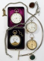 Three silver cased pocket watches and one other pocket watch, and two silver fob chains, each with